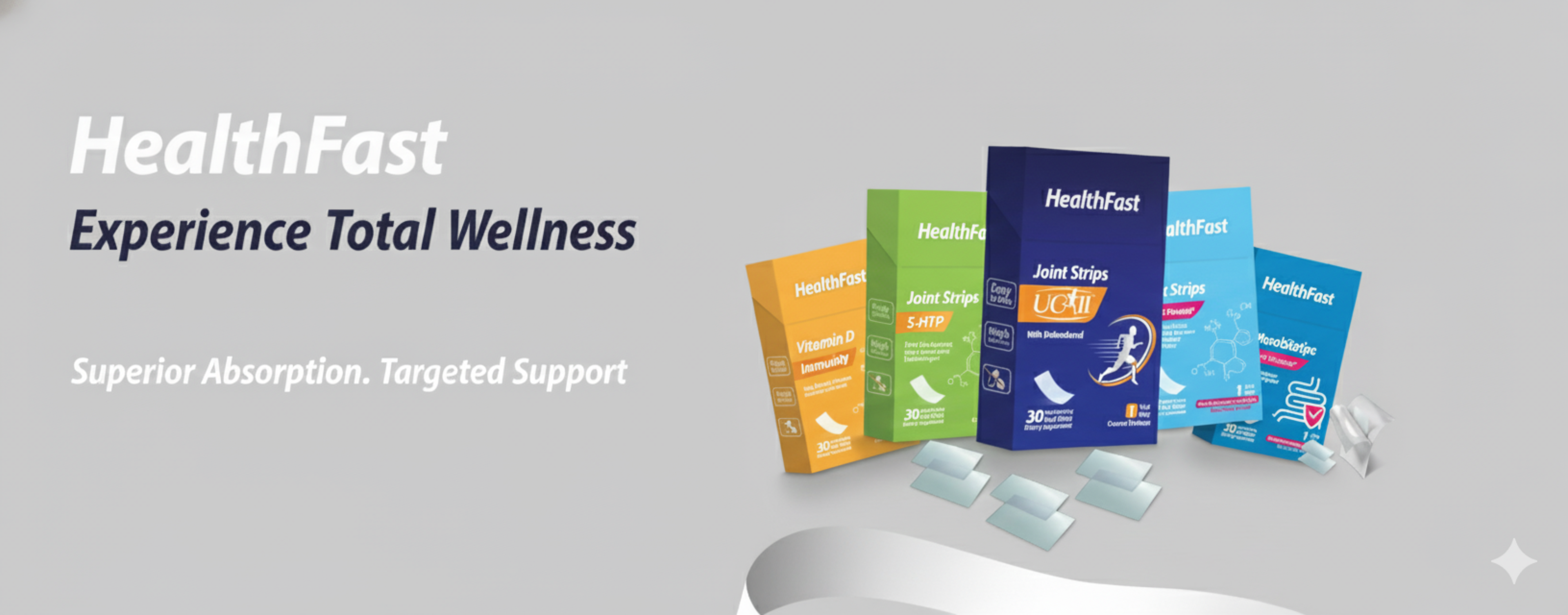 HealthFast product packaging on a gray background with text about total wellness.