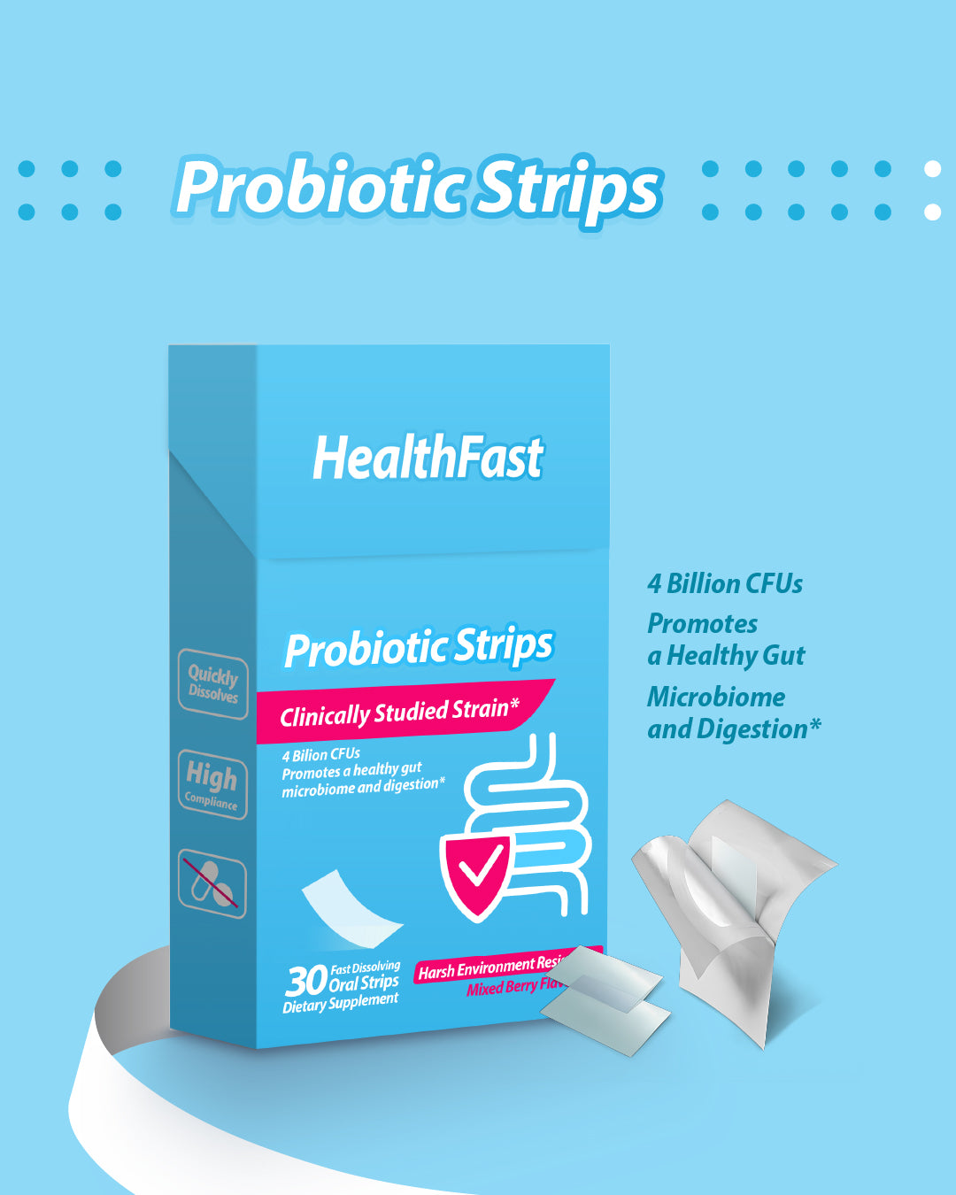 HealthFast პრობიოტიკური ზოლები - კლინიკურად შესწავლილი შტამი